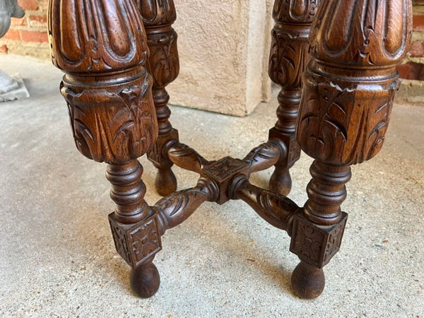 Petite Antique French Octagon Side TABLE Renaissance Carved Oak c1900