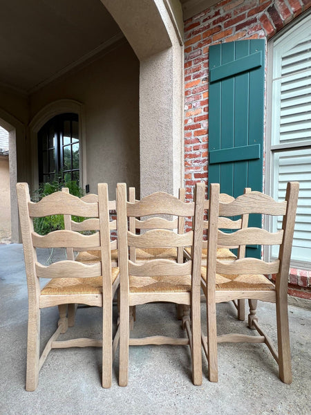 Set 6 Vintage French Ladder Back Dining Chairs Rush Seat Bleached Oak Farmhouse