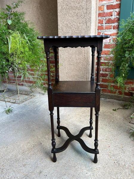 Antique English End Table SQUARE PETITE Jacobean Oak Two Tier c1900