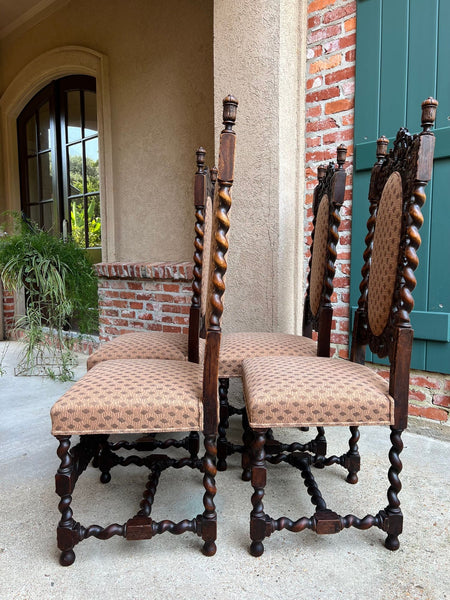 Set 4 TALL Antique French Dining Chair Barley Twist Renaissance Carved Oak 1890