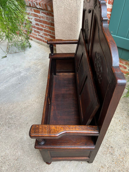 Antique French Louis XV Hall Bench Carved Oak Foyer Settee Lift Top Chest c1890