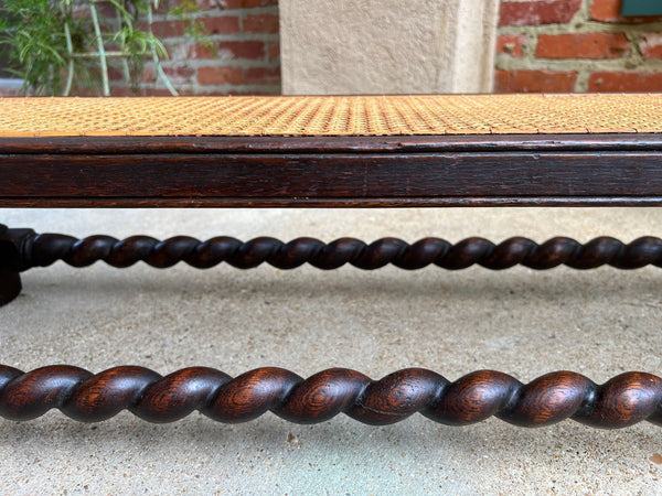 Antique English Barley Twist Stool Bench Oak Cane Jacobean Ottoman c1920