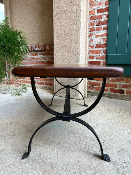 Antique French Coffee Table Bench Country Farmhouse Tiger Oak Wrought Iron c1920