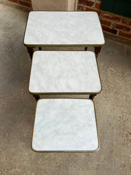 Set 3 Vintage French Nesting Table WHITE MARBLE Mahogany Louis XVI Maison Jansen