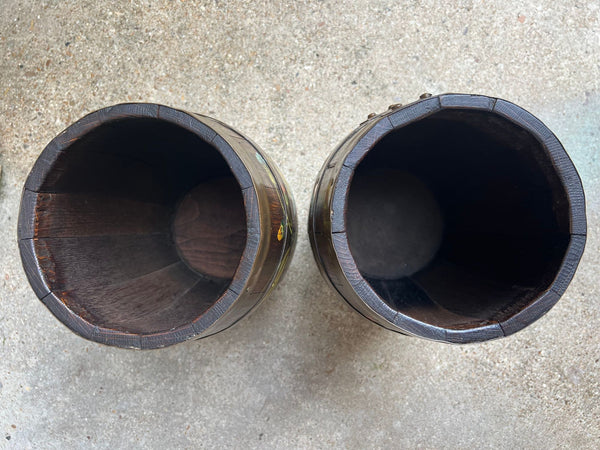 PAIR Set Antique English Oak Barrel Jardinière Planter Rosemaling Hand Painted