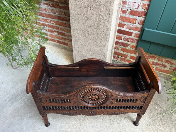 Antique French Carved Planter Breton Brittany Oak Doll Bed Fireside Box c1890