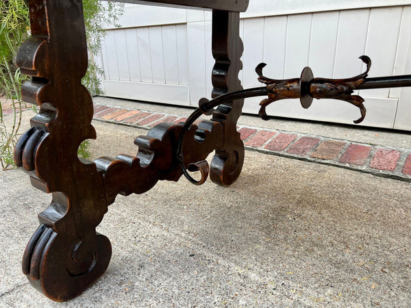 Antique French Oak Dining Table Catalan Trestle 7 ft. Farmhouse Plank Top c1890