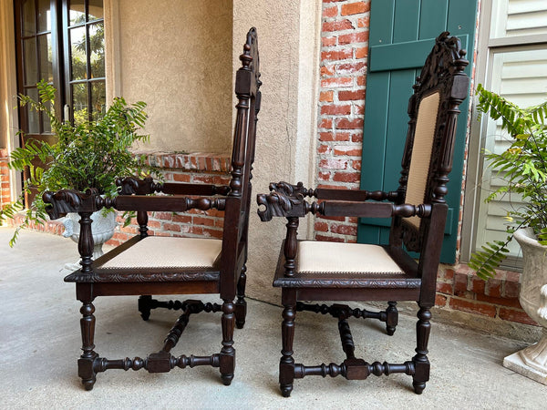 PAIR Antique French Arm Chair Dining Renaissance Carved Oak Bird Black Forest