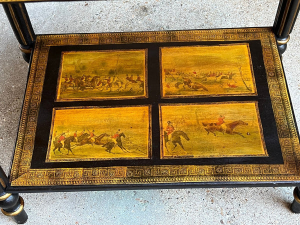 Antique English Console Side Table Decoupage Horse Equestrian Fox Hunt c1890