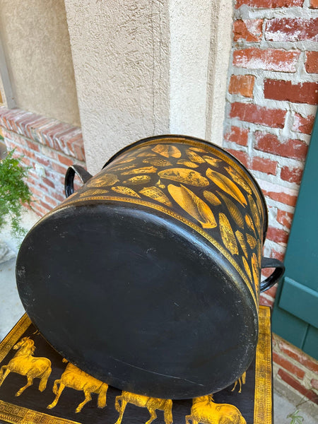 LARGE Antique English Planter Cachepot Black Metal Lacquer SHELL Decoupage c1890