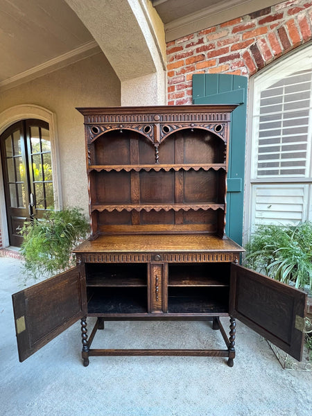 Antique English Welsh Dresser Sideboard Barley Twist Carved Tiger Oak Farmhouse