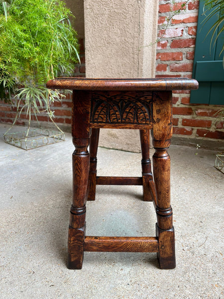 Antique English Footstool Bench Joint Stool Carved Oak Jacobean Stand c1900