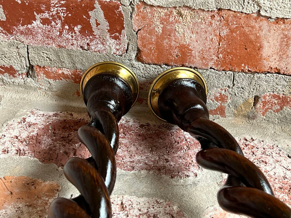 PAIR Set Antique English Oak OPEN Barley Twist Candlesticks Candle Holder Brass