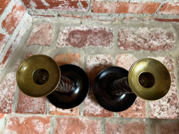 PAIR Set Antique English Oak OPEN Barley Twist Candlesticks Candle Holder Brass
