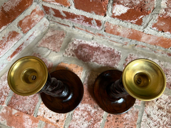 PAIR Set Antique English Oak OPEN Barley Twist Candlesticks Candle Holder Brass