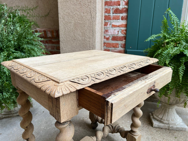 Antique French Side Table Barley Twist Bleached Carved Oak Nightstand Louis XIII