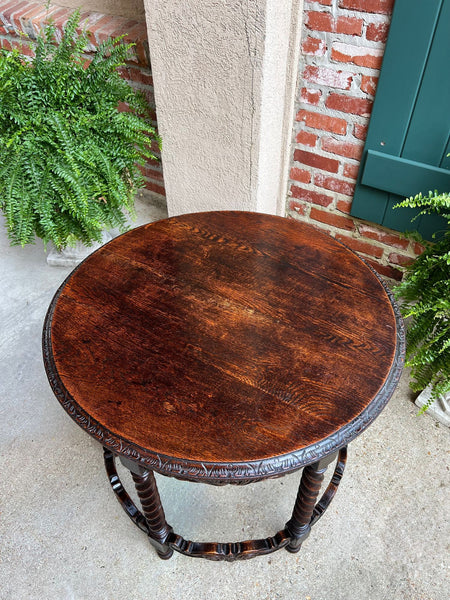Antique French ROUND Side Center Table BARLEY TWIST Carved Oak Renaissance c1900
