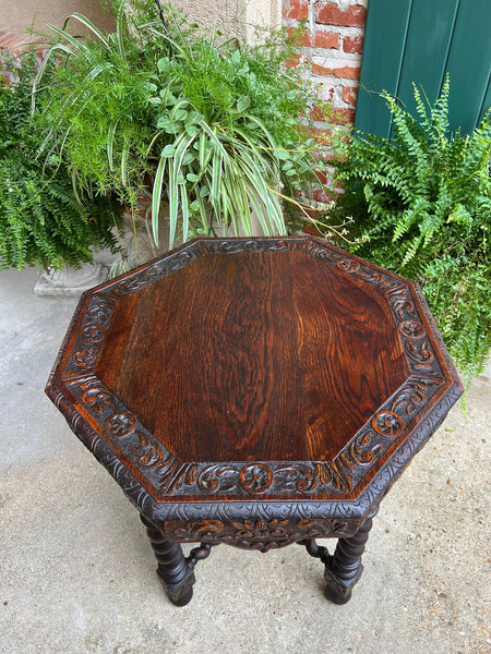 Antique French Octagon Sofa Table Carved Oak Barley Twist Louis XIII Renaissance