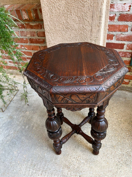 PETITE Antique French Octagon Center Side TABLE Renaissance Carved Oak c1890