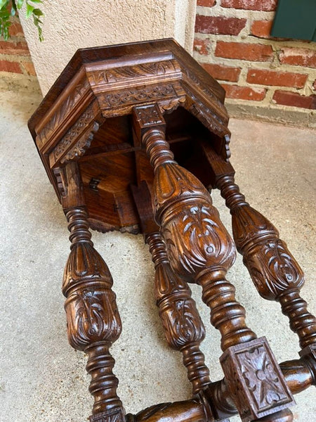 Petite Antique French Octagon Side TABLE Renaissance Carved Oak c1900