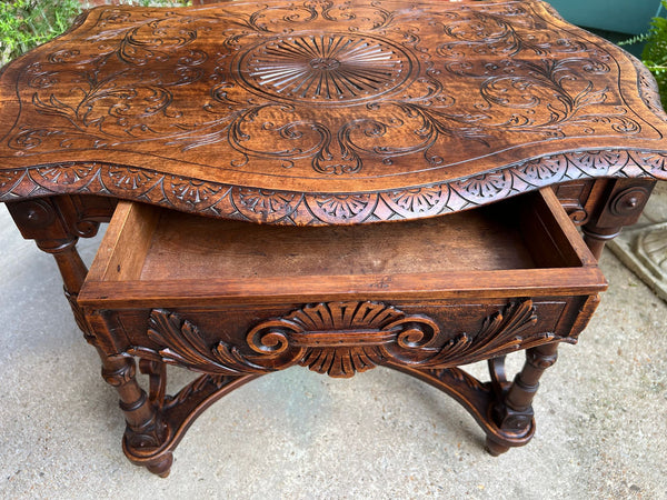 Antique French Sofa Hall Table Carved Oak Renaissance Revival Cherub End Table