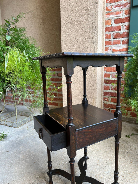 Antique English End Table SQUARE PETITE Jacobean Oak Two Tier c1900
