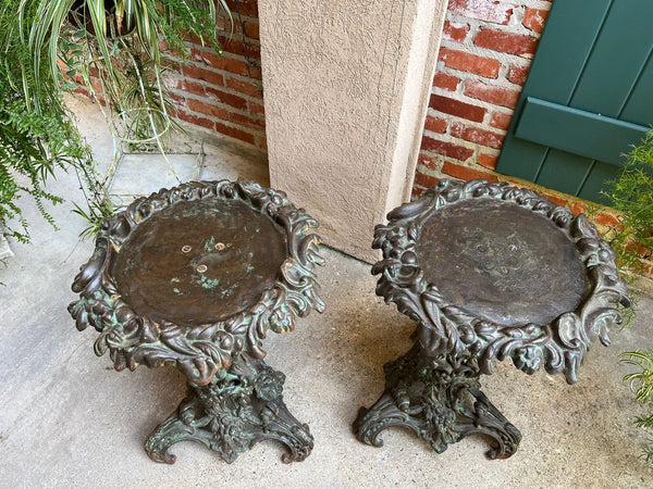 PAIR Antique French Round Side Table Grotto Rococo Cast Iron Plant Stand c1880