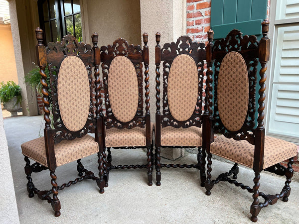 Set 4 TALL Antique French Dining Chair Barley Twist Renaissance Carved Oak 1890