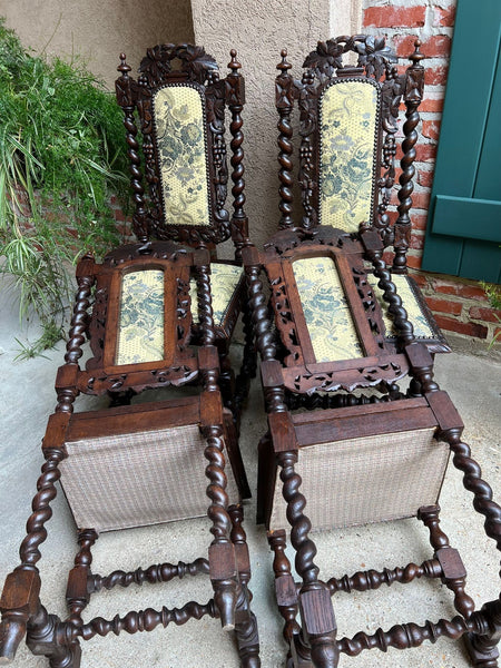 Set 4 Antique French Dining Chair Barley Twist Renaissance Carved Oak Green 1900