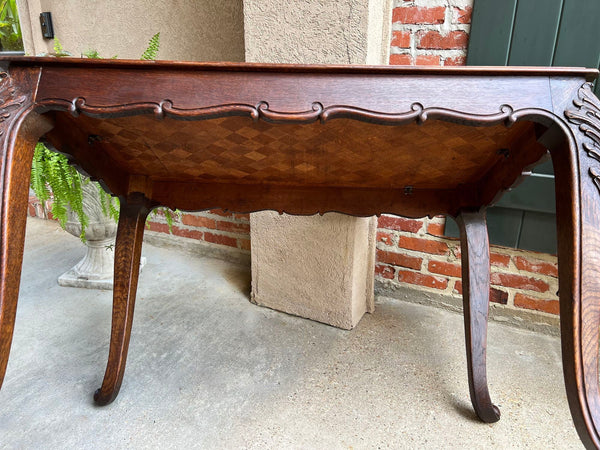 Antique French Sofa Side Table Writing Desk Louis XV Carved Oak Parquet Top