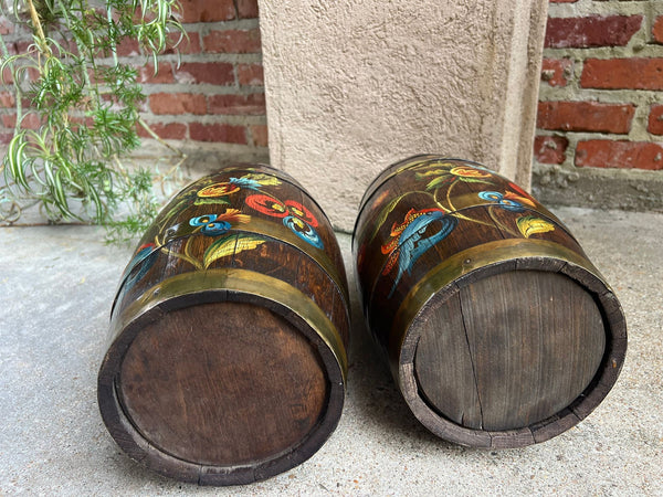 PAIR Set Antique English Oak Barrel Jardinière Planter Rosemaling Hand Painted