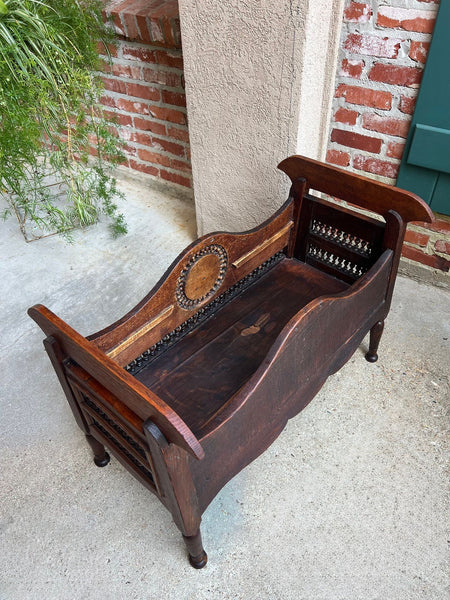 Antique French Carved Planter Breton Brittany Oak Doll Bed Fireside Box c1890