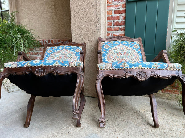 PAIR Antique French Dining Arm Chair Louis XV Carved Oak Blue Persian textile