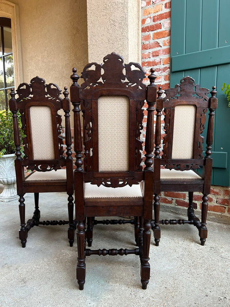 Set 4 Antique French Dining Chairs Renaissance Carved Oak Bird Black Forest