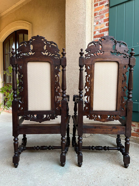 PAIR Antique French Arm Chair Dining Renaissance Carved Oak Bird Black Forest