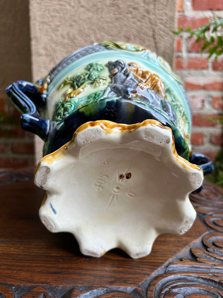 Antique French Majolica Jardinière Onnaing Tiger Monkey Jungle Cache Pot Planter
