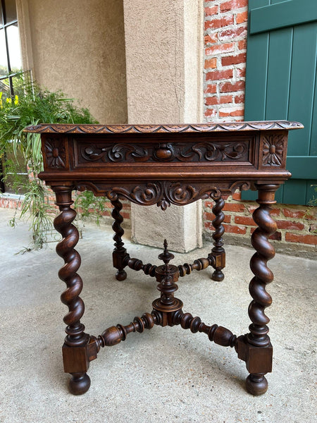 Antique French Sofa Table Writing Desk Barley Twist Carved Renaissance Tapestry
