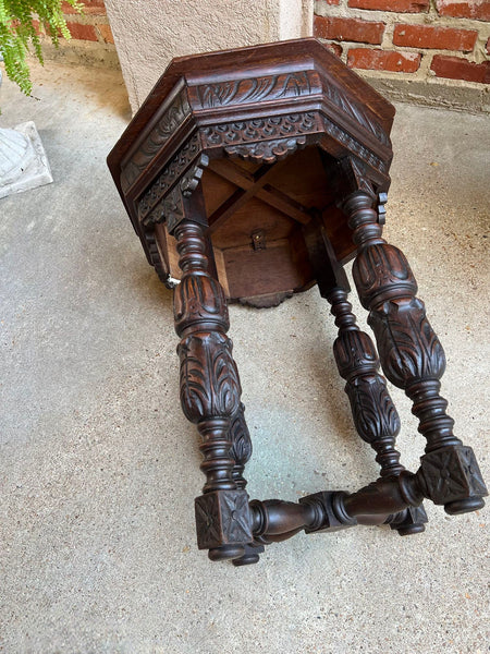 PETITE Antique French Octagon Center Side TABLE Side End Renaissance Carved Oak