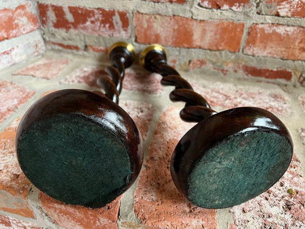 PAIR Set Antique English Oak OPEN Barley Twist Candlesticks Candle Holder Brass
