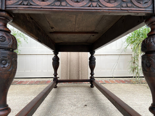 Antique French Renaissance Carved Oak Library Center Table Console Island c1880