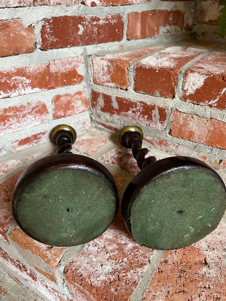 PAIR Set Antique English Oak OPEN Barley Twist Candlesticks Candle Holder Brass