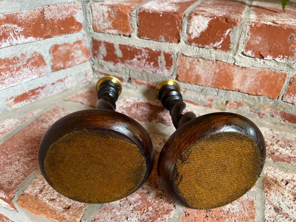 PAIR Set Antique English Oak OPEN Barley Twist Candlesticks Candle Holder Brass