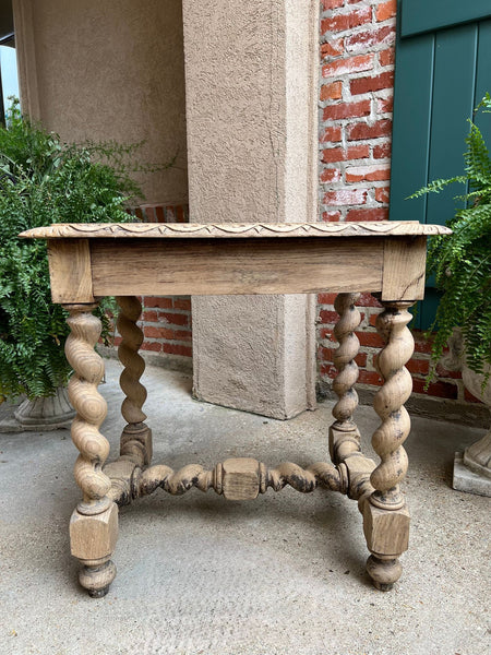 Antique French Side Table Barley Twist Bleached Carved Oak Nightstand Louis XIII