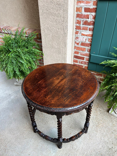 Antique French ROUND Side Center Table BARLEY TWIST Carved Oak Renaissance c1900