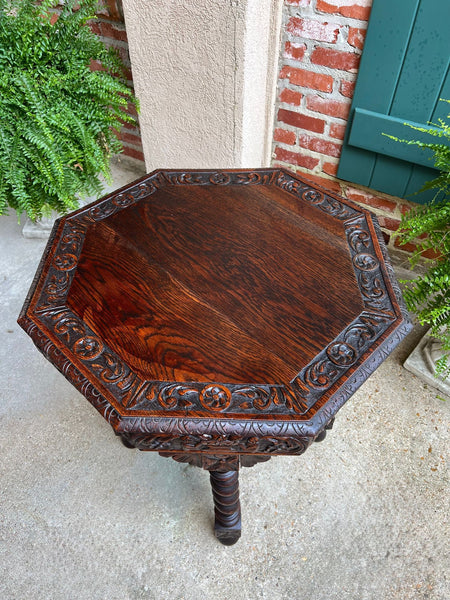 Antique French Octagon Sofa Table Carved Oak Barley Twist Louis XIII Renaissance