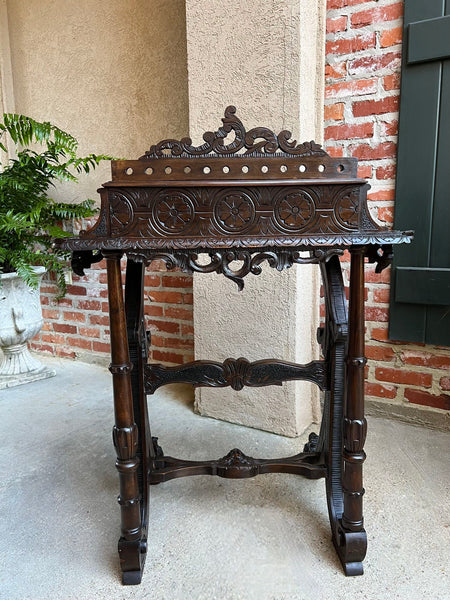Antique French Writing Desk Secretary Black Forest Carved Oak Renaissance c1890