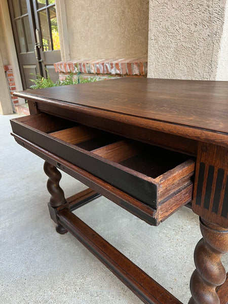 Antique English Sofa Side Table Barley Twist Ebonized Library Desk Carved Oak