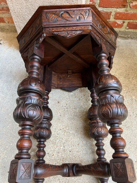 PETITE Antique French Octagon Center Side TABLE Renaissance Carved Oak c1890