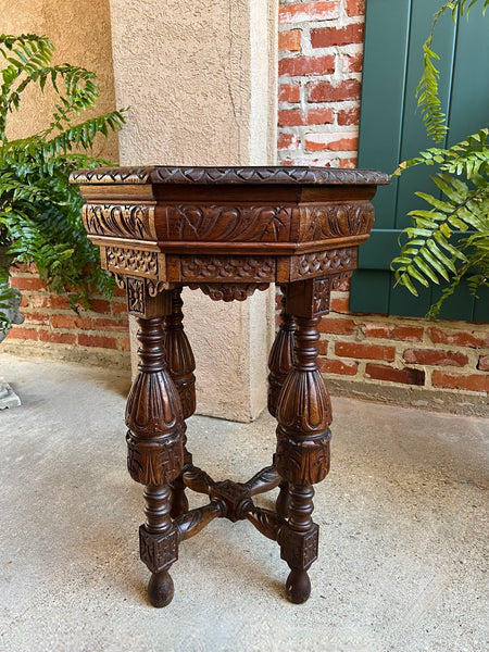 Petite Antique French Octagon Side TABLE Renaissance Carved Oak c1900