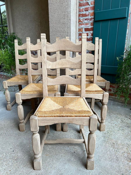 Set 6 Vintage French Ladder Back Dining Chairs Rush Seat Bleached Oak Farmhouse